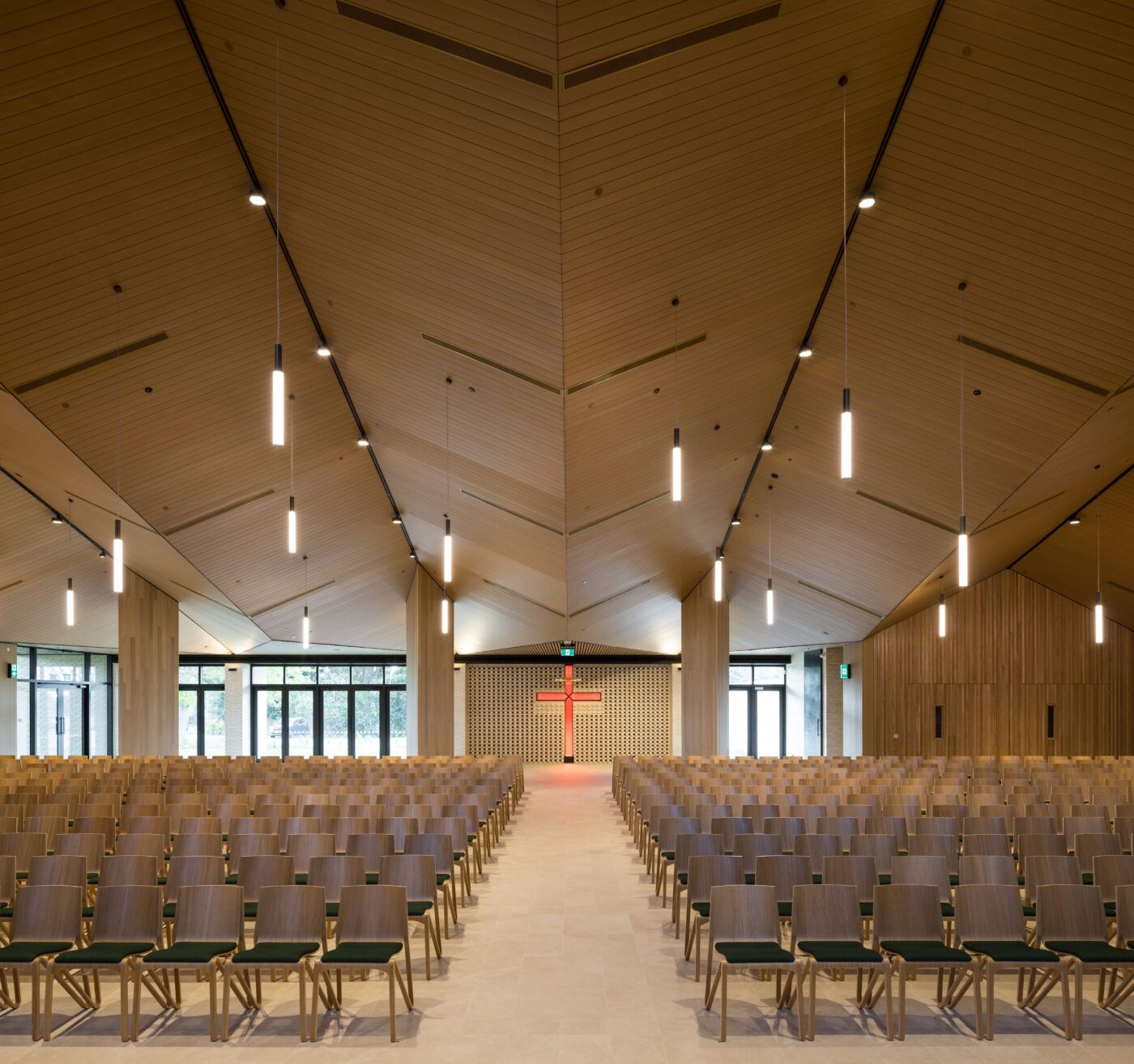 Folded InnoCeil timber ceiling above the nave at St Patrick's Chapel, Dilworth Senior School